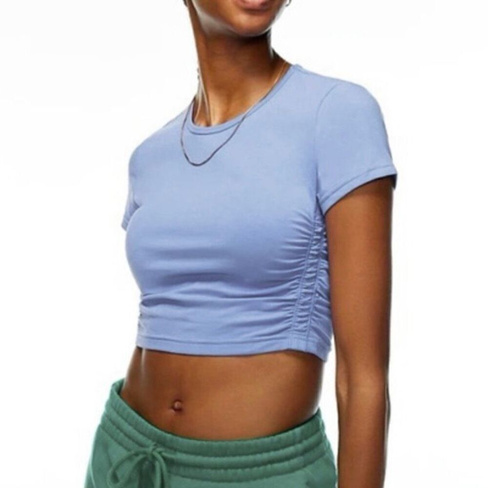 TNA Aritzia Chill Malibu Light Blue Scrunch Side Sporty Crop Top Tshirt Size S